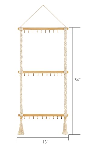 Dahey Hanging Jewelry Organizer Macrame Necklace Holder with 30 Hooks Wall Mounted Jewelry Hanger Over Door Necklace Rack with Tassel for Necklace Bracelet Earring Headband Bow Organizer