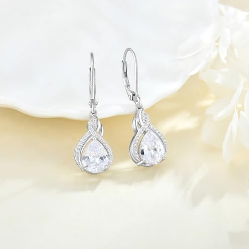 925 Sterling Silver Infinity Teardrop Earrings for Women | Lwsary Dangle Drop Leverback Earrings, Pear Shaped Birthstone Jewelry for Her - color: Clear White