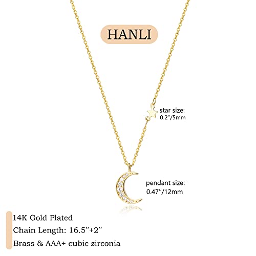HANLI 14K Gold Plated Necklaces for Women - Dainty Butterfly, Star of David, Moon and Star, Sun, Lotus, Infinity, Hummingbird, Bee,Boots,Chill,Sunflower Pendant Designs - Elegant Jewelry for Women - color: Moon and Star