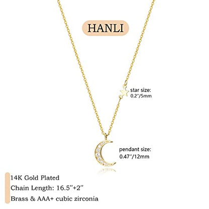 HANLI 14K Gold Plated Necklaces for Women - Dainty Butterfly, Star of David, Moon and Star, Sun, Lotus, Infinity, Hummingbird, Bee,Boots,Chill,Sunflower Pendant Designs - Elegant Jewelry for Women - color: Moon and Star