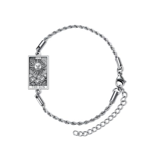 PELOVNY Tarot Card Bracelet 925 Sterling Silver Moon Cat Sun Sunflower Lovers Skull Pendant Lion Anklet Spiritual Tarot Jewelry Christmas Birthday Gifts for Women Men - style: Sun