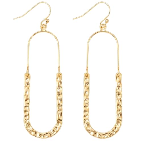 14K Gold Plated Texture Geometric Earrings, Simple Oval Hammered Hoop Drop Dangle Earrings for Women, Lightweight Dangly Minimalist Jewelry - color: Oval-Gold