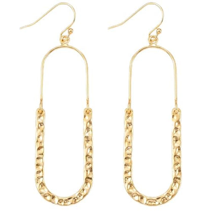 14K Gold Plated Texture Geometric Earrings, Simple Oval Hammered Hoop Drop Dangle Earrings for Women, Lightweight Dangly Minimalist Jewelry - color: Oval-Gold
