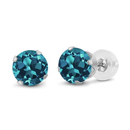 Gem Stone King 14K Gold Gemstone Birthstone Stud Earrings For Women Men | 4MM Round Cut | Solitaire Gold Studs with Secure Backs | Fine Jewelry for Her Him Mom Dad Wife - color: London Blue Topaz-November