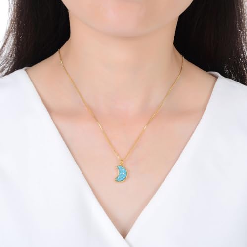 Adabele Natural Druzy Necklace Small Tiny Moon Gemstone Pendant 18 inch Sparkly Agate Stone Crystal Women Jewelry Tarnish Resistant Stainless Steel/Gold Plated Chain - color: Aquamarine blue druzy - gold plated