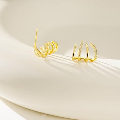 Gold Triple Hoop Illusion Stud Earrings, 14K Chunky Gold Plated Hoop Earrings Cuff Earrings for Women Trendy, Hypoallergenic Earrings Set Jewelry Gift - color: Triple hoop earrings-claw