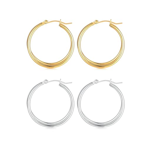 2 Pairs Gold/Silver Hoop Earrings For Women Set Trendy,14K Plated Gold Chunky Huggie Hoop Earings Pack,Oval Twisted Statement Silver Hoops,Fashion Jewelry Gift - color: 5) double hoop