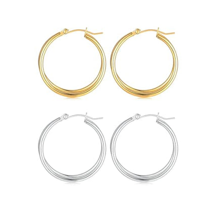 2 Pairs Gold/Silver Hoop Earrings For Women Set Trendy,14K Plated Gold Chunky Huggie Hoop Earings Pack,Oval Twisted Statement Silver Hoops,Fashion Jewelry Gift - color: 5) double hoop