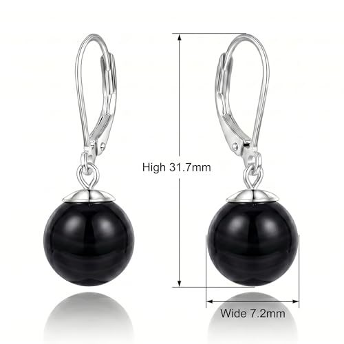 Pearl Leverback Earrings for Women Dangle Round Gemstone Earrings Birthstone Jewelry Gift Anniversary for Her - color: 18 Black agate