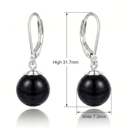 Pearl Leverback Earrings for Women Dangle Round Gemstone Earrings Birthstone Jewelry Gift Anniversary for Her - color: 18 Black agate