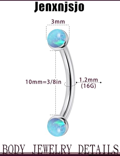 Jenxnjsjo F136 Titanium 16g 6/8/10mm Opal Eyebrow/Rook/Snug/Vertical-Labret/VCH/Snake-Eyes/Anti-Tragus/Christina/Daith/Belly-Button/Bridge/Hood/Surface Curved Barbell Piercing Jewelry for Women Men - color: Blue Opal, size: 10mm