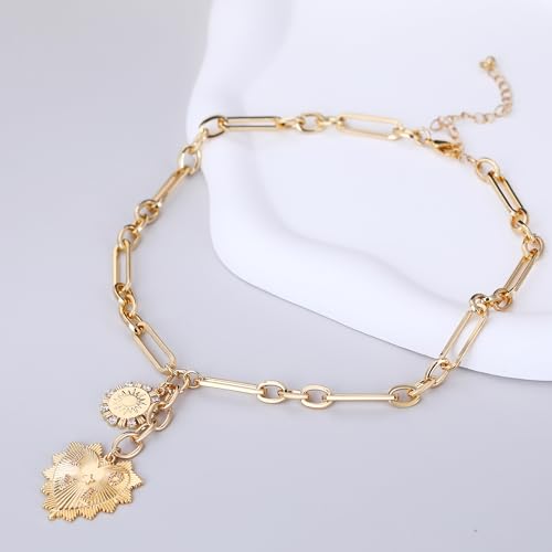 Chunky Gold Necklace for Women, 18K Waterproof Heart Necklace Statement Necklace Gold Charm Necklace Chunky Jewelry Paperclip Chain Choker Gift for Women - style: LOVE Coin Heart