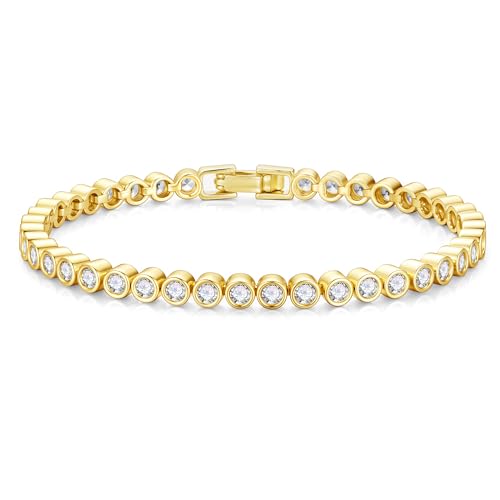 Yoosteel 14K-Gold-Plated/White-Gold-Plated Tennis Bracelet for Women,3mm CZ | Dainty Cubic Zirconia Bracelets,Classic Tennis Bracelet,Trendy Simple CZ Jewelry Gifts,6.5/7/7.5 Inch Bracelets - color: Bezel-14K-Yellow Gold-Plated, size: 6.5