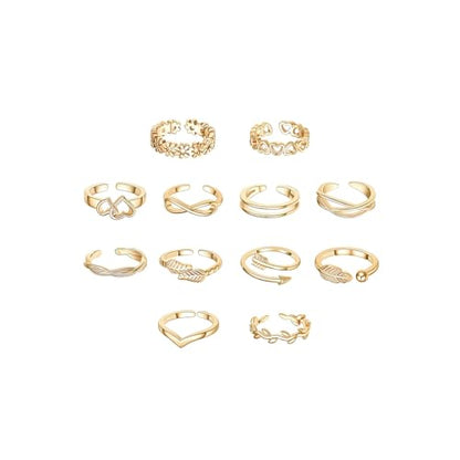 12PCS Toe Rings for Women 14K Gold/Silver Plated Adjustable Toe Ring Set Open Heart Arrow Infinity Rings Beach Foot Jewelry for Summer - color: Gold