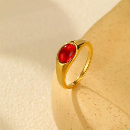 HIJONES Women's Stainless Steel Oval Opal Gemstone Dome Stacking Signet Ring Charming Wedding Jewelry - color: Red Stone