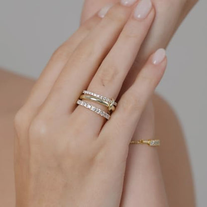 MINDDHA 14K Gold Plated Interlocked Stackable Rings for Women - Statement Multi Ring Stack - Cubic Zirconia Two-Toned Stackable Bands Stacking Jewelry 3 Row Size 4-12 - color: Thin Band&CZ Gold