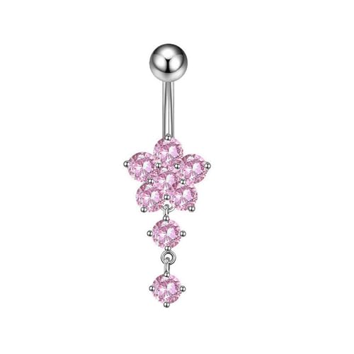 14G Floral Belly Button Ring for Women, Dangling CZ Crystal Charm Drop Belly Piercing Barbell Rings Navel Piercings Jewelry