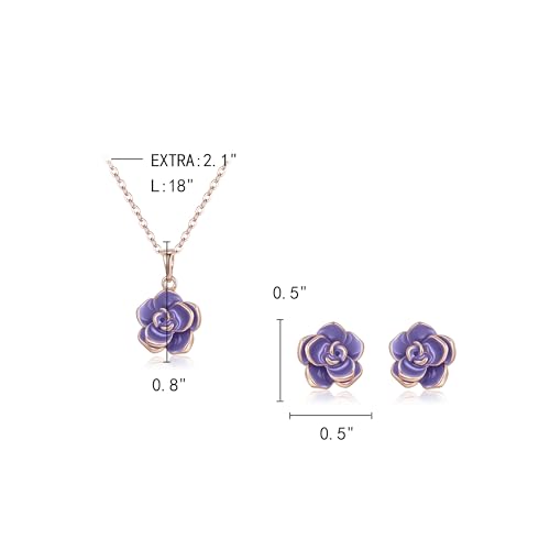 EleQueen Rose Flower Necklace Earrings Bracelet Set for Women - color: Light Purple-Rose Gold-Tone
