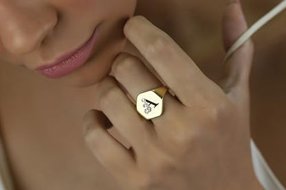 Flower Letter Gold Signet Ring - Custom Initial's Ring - Engraved Letter Signet Ring - Name Ring