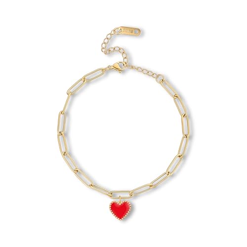 18K Gold Plated Paperclip Link Chain Bracelet with Charms, Gift with a Box - color: Red Heart