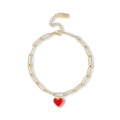 18K Gold Plated Paperclip Link Chain Bracelet with Charms, Gift with a Box - color: Red Heart