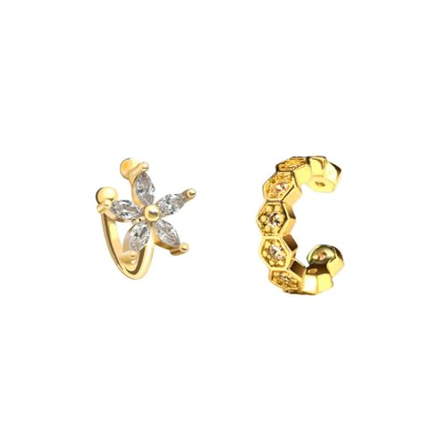 2 Pairs Ear Cuff Earrings for Women 14K Gold Plated Non Tarnish Gold Ear Cuffs Set Cute Fake Piercings Earings Rhinestones Clip On Earrings Wraps Jewelry - color: Gold-2