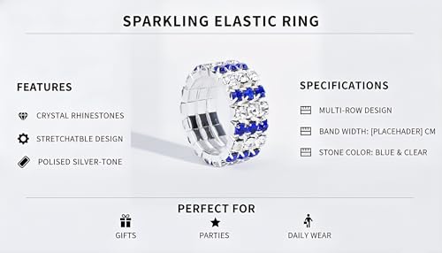 Sparkling Rhinestone Ring Set Trendy Elastic Rhinestone Crystal Stretch Ring Stackable Jewelry for Women Girls - color: 3 Rows Ring-White+Blue