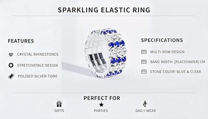Sparkling Rhinestone Ring Set Trendy Elastic Rhinestone Crystal Stretch Ring Stackable Jewelry for Women Girls - color: 3 Rows Ring-White+Blue
