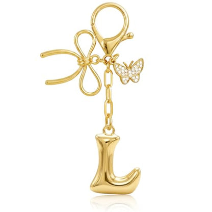 Gold Bubble Heart, Cherry, Bow & More Designs Letter Initial Keychain Bag Charms – Cute Purse Charms for Handbags - color: Bow & Butterfly, style: L