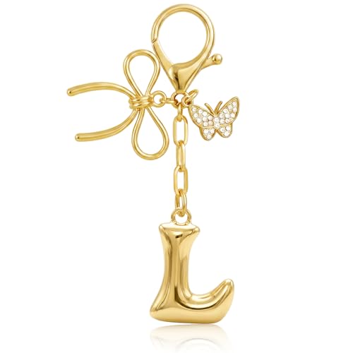 Gold Bubble Heart, Cherry, Bow & More Designs Letter Initial Keychain Bag Charms – Cute Purse Charms for Handbags - color: Bow & Butterfly, style: L