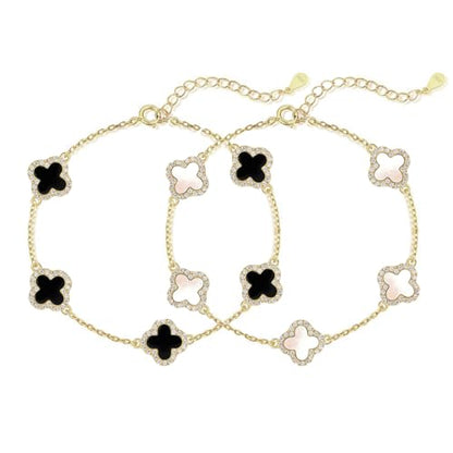 925 Sterling Silver Four Leaf Clover Bracelet – Real Silver Lucky Clover Jewelry for Women, Dainty Good Luck Gift for Her - color: Gold – White + Black Set
