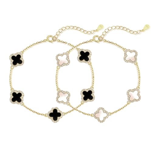 925 Sterling Silver Four Leaf Clover Bracelet – Real Silver Lucky Clover Jewelry for Women, Dainty Good Luck Gift for Her - color: Gold – White + Black Set