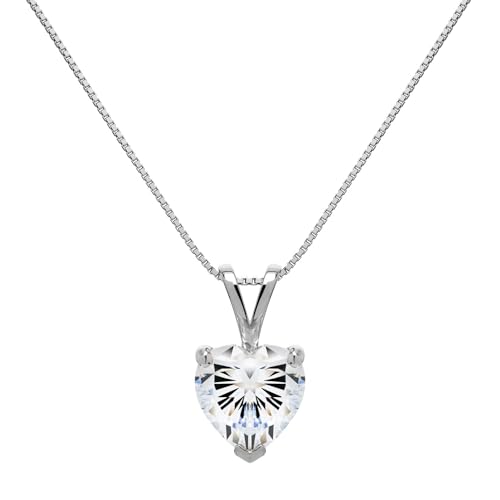 Everyday Elegance Solid 14K Gold Cubic Zirconia Solitaire Pendant Necklace for Women Heart, Princess, Round, Oval, Emerald, Pear & Cushion Cut 1 or 2 CTW | .60mm Thick 16" 18" Length Box Link Chain - color: 14K White Gold, size: 18 " Chain (0.60 mm Thick)