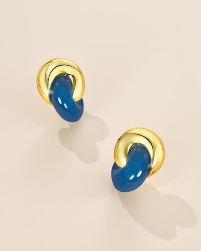Small Twist Interlock Chunky 18K gold plated Gemstone Natural Stone (Brown, Green, Pink, White) Statement Earrings for Women by SNGIA, Dainty Love Knot Tiger Eye Amber Jade Tourmaline Bold Handmade Exaggerated Dome Retro Rounded Button Half Ball Trendy Bo