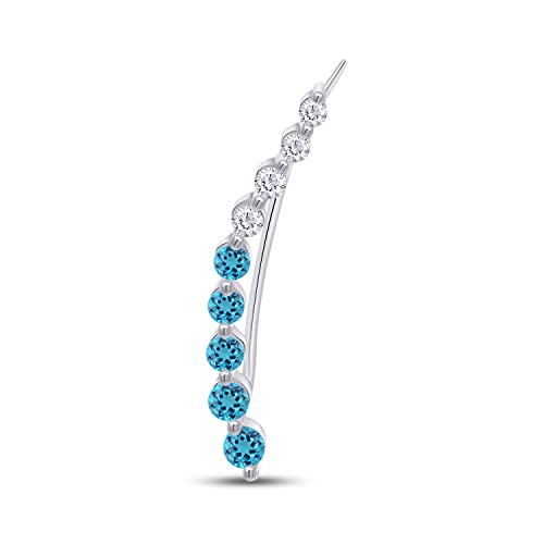 One Piece Right Ear Climber Earring for Women With Birthstone And White CZ | Floating Curved Bar Ear Crawler In 14K Gold Over Sterling Silver Jewelry for Her - color: Simulated Blue Topaz
