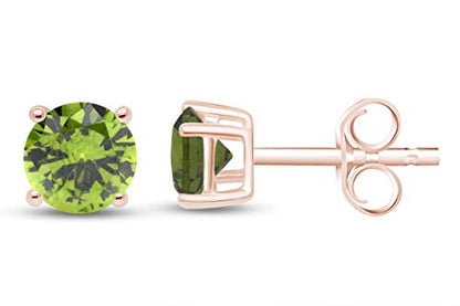 Birthstone Stud Earrings for Women 4MM Round Simulated Gemstone Studs | Push Back Earrings In 14K Gold Over Sterling Silver - color: August - Peridot
