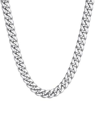 ChainsHouse Miami Cuban Link Chain Necklace for Men, Stainless Steel | 4.8/6/10/14mm Widths, Black/14K Gold Plated Finishes, Hip Hop Style, Daily Wear, Gift Box Included - color: Silver