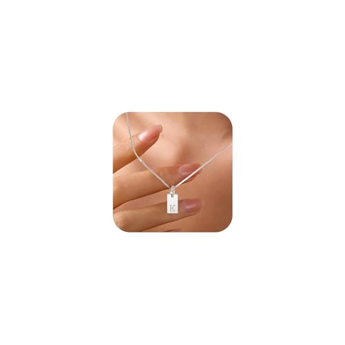 LOVECOM 925 Sterling Silver Initial Necklaces for Women Daughter | Dainty 14k Gold Plated Letter Name Square Pendant Necklace A-Z Personalized Tag Charm Chain Jewelry Birthday Gifts for Mother - color: Silver K