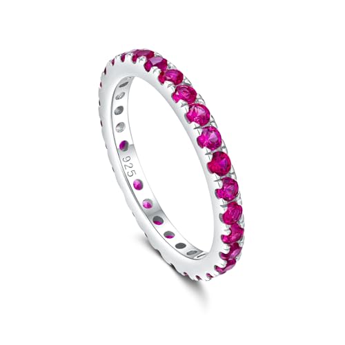 Full Eternity Band 2.4mm Wide Sterling Silver or Gold Color Stackable Birthstone and CZ Anniversary Bands Wedding Ring for Men Women, Comfort fit and Hypoallergenic - color: ruby