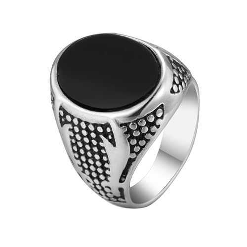 Kemstone Stainless Steel Double Sword Signet Ring for Men – Oval Black Stone Vintage Style - size: 7#