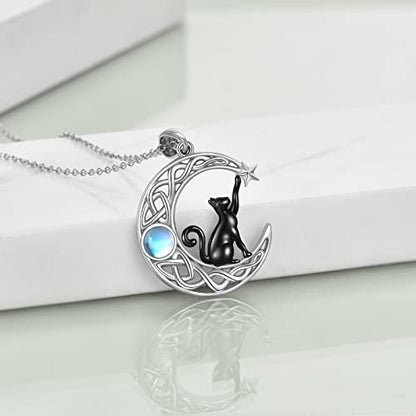 925 Sterling Silver Moon Black Cat Necklace for Women Cat Jewelry - style: A-Black Cat Moonstone Necklace