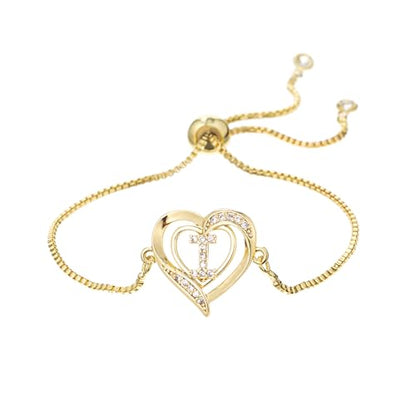 14K White Gold Plated Initial Heart Bracelet for Women Zircon Inlay Heart Initial Charm Bracelets Adjustable Minimalist Jewelry - color: I-gold