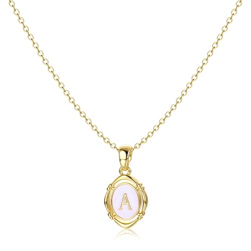 14K Gold Plated Initial Necklaces for Women, Letter Charm Pendant Necklace | Dainty Oval White Enamel Personalized Name Necklace, Trendy Jewelry with 16 inches Chain and 2 inches Extender - color: A