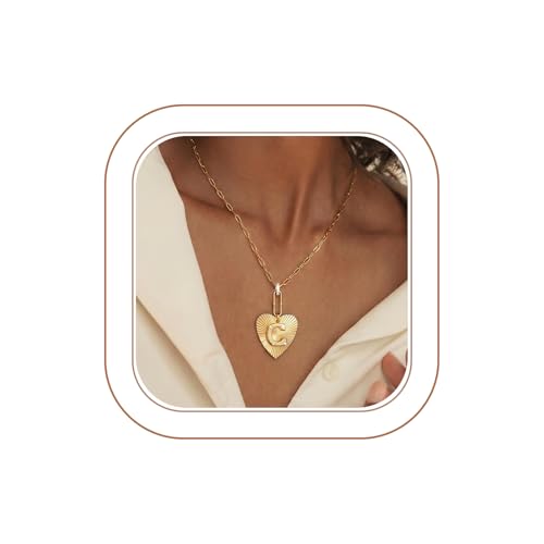 Tredny Heart Initial Necklace - 14K Gold Plated Zirconia Letter A-Z Necklaces for Women, Dainty Initial Heart Charm, Womens Gold Jewelry Personalized Anniversary Birthday Gifts - color: C