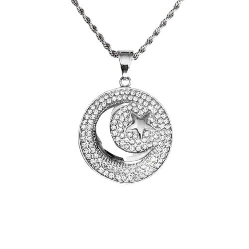 Crescent Moon & Star Pendant Necklace – 14k White Gold Finish Iced Star Moon Universe Charm, 2.5mm Rope Chain Stainless Steel Jewelry - size: 22" Necklace