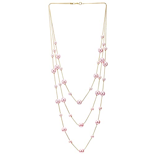 Statement Necklace Three-Strand Long Chains with Synthetic Pearl Beads, Elegant, Dress - color: J-Beads Color: Pink