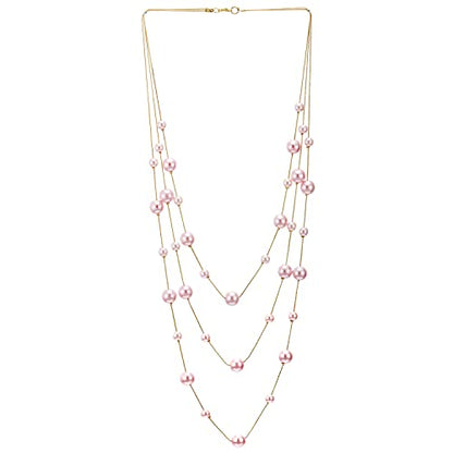 Statement Necklace Three-Strand Long Chains with Synthetic Pearl Beads, Elegant, Dress - color: J-Beads Color: Pink