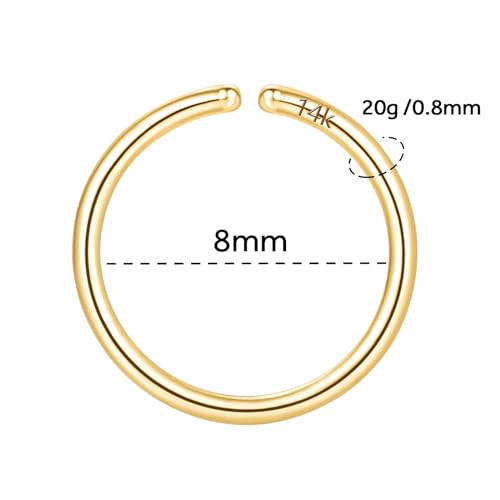 14K Gold Nose Ring Hoop for Women and Men, 6mm/7mm/8mm Tiny Gold Nose Ring Stud Piercing Jewelry, 20G 22G - color: 14k Yellow Gold, size: 20 gauge(0.8mm)-8mm