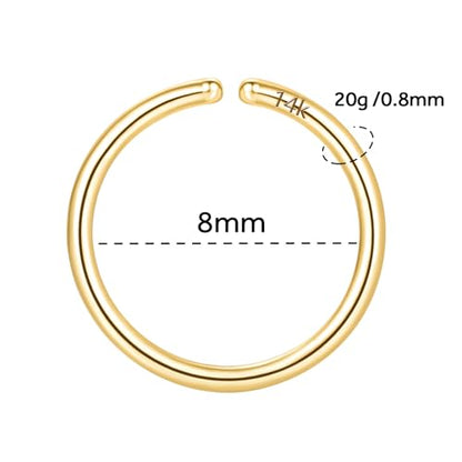 14K Gold Nose Ring Hoop for Women and Men, 6mm/7mm/8mm Tiny Gold Nose Ring Stud Piercing Jewelry, 20G 22G - color: 14k Yellow Gold, size: 20 gauge(0.8mm)-8mm