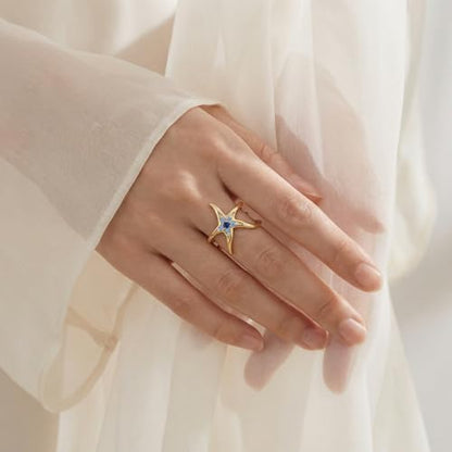 925 Sterling Silver Adjustable Rings for Women 14K Gold Plated Thumb Rings | Stackable Statement Eternity Rings Dainty Starfish Star Moon Heart Lucky Open Ring Trendy Jewelry Birthday Gifts for Ladies - color: Gold starfish opening ring